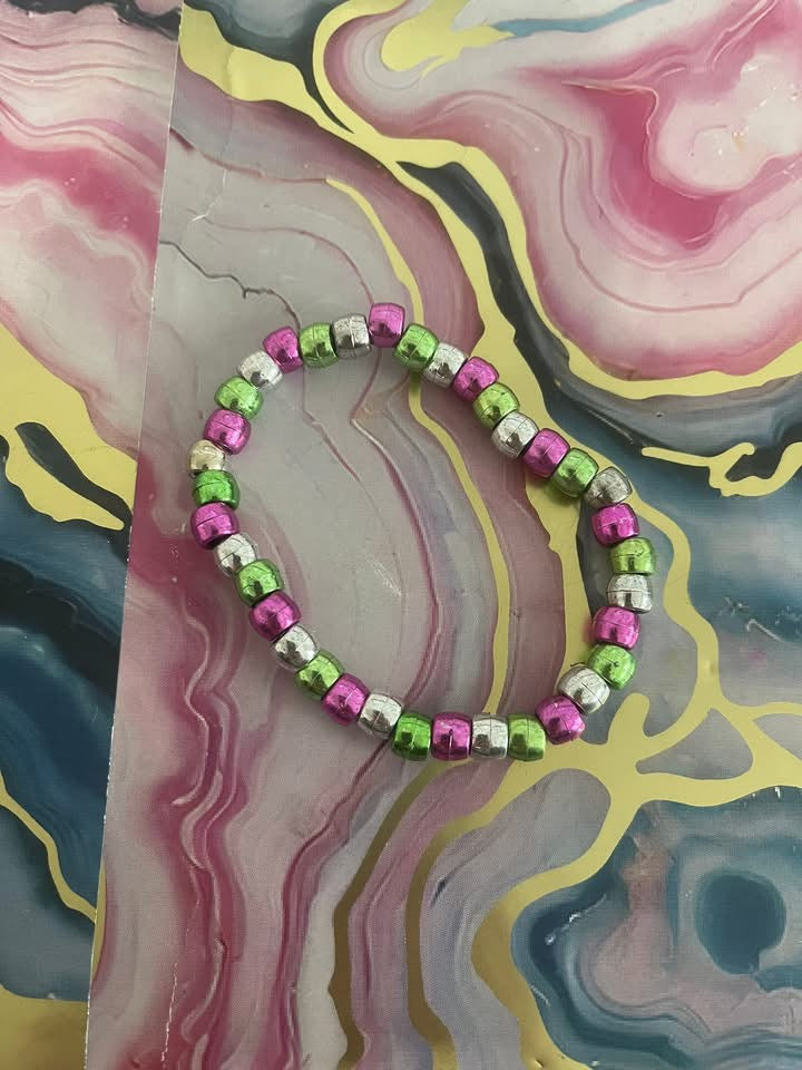 #89 Green,Sliver & Pink Bracelet