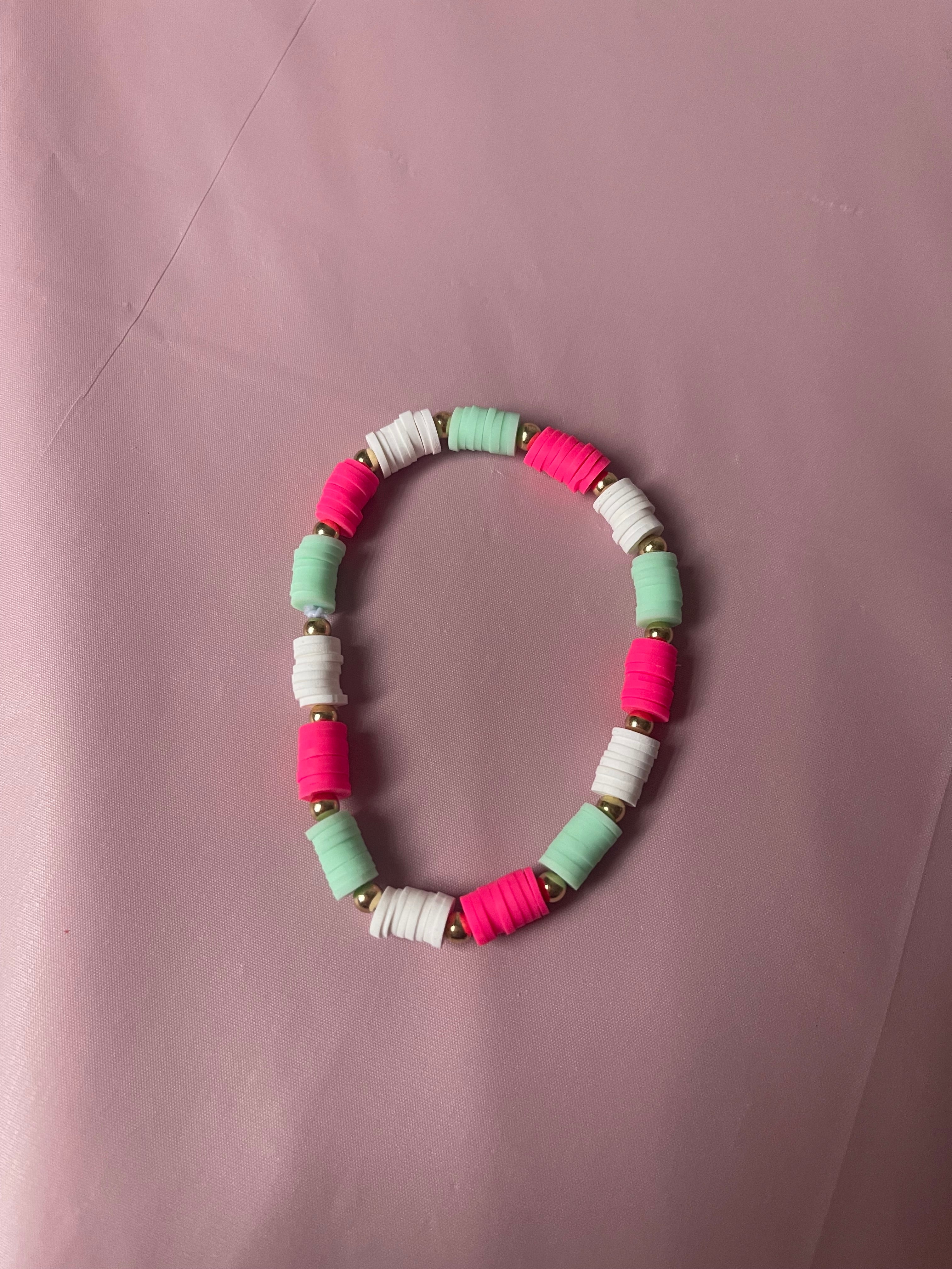 #208 Mint,Hot Pink & White Bracelet
