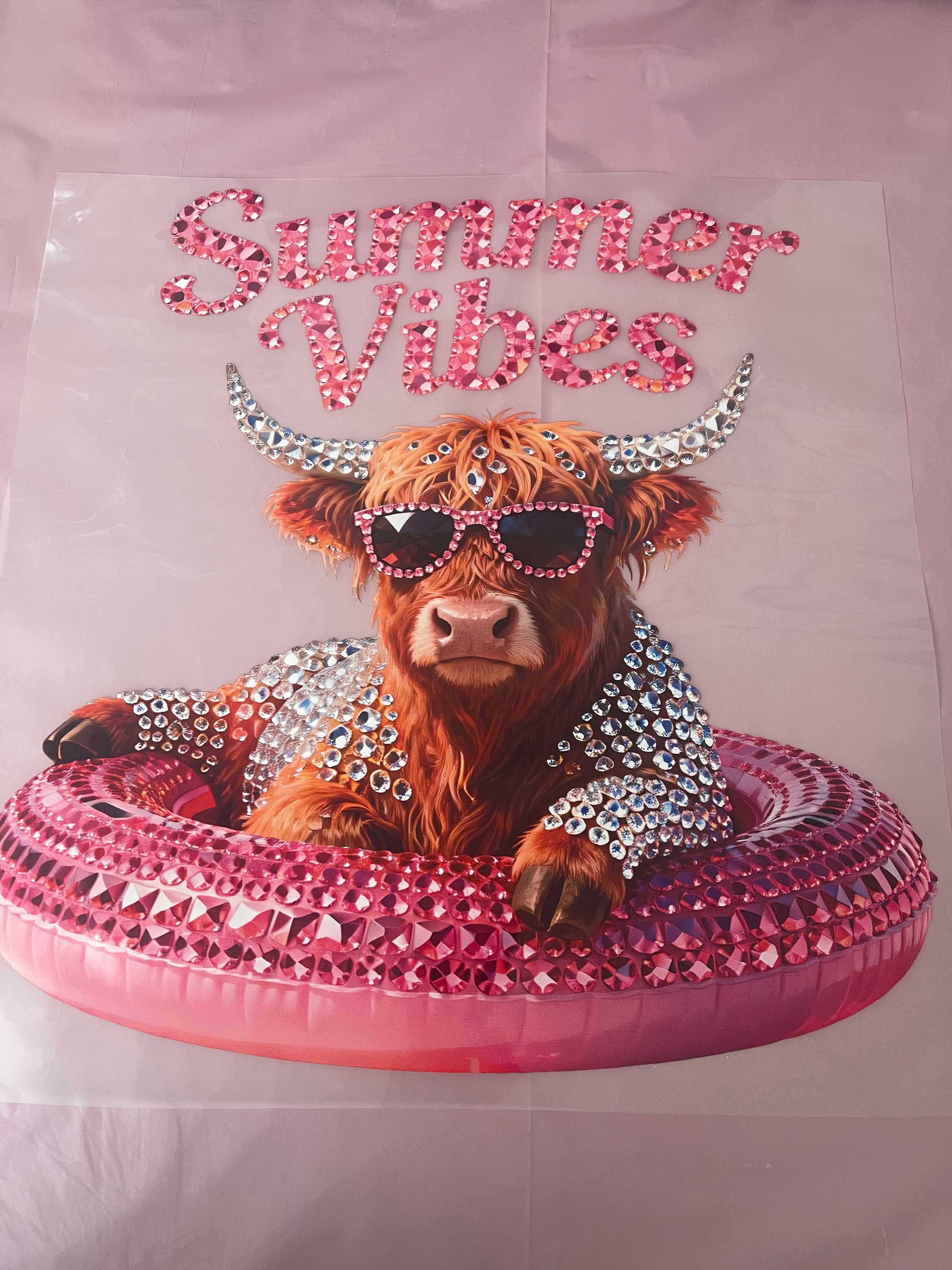 Bling Summer Vibes Cow~~Dtf T-shirt Design