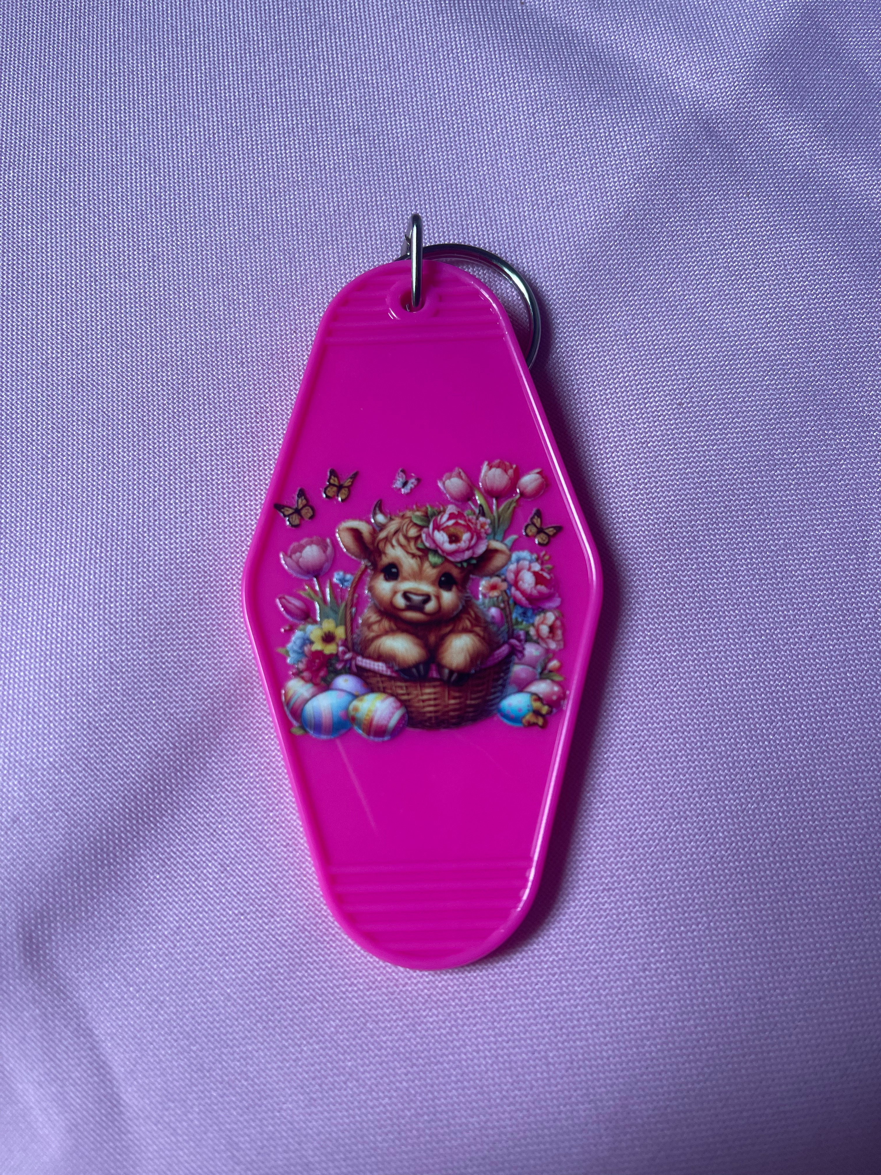 #140 Pink Tulips & Cow~~Keychain