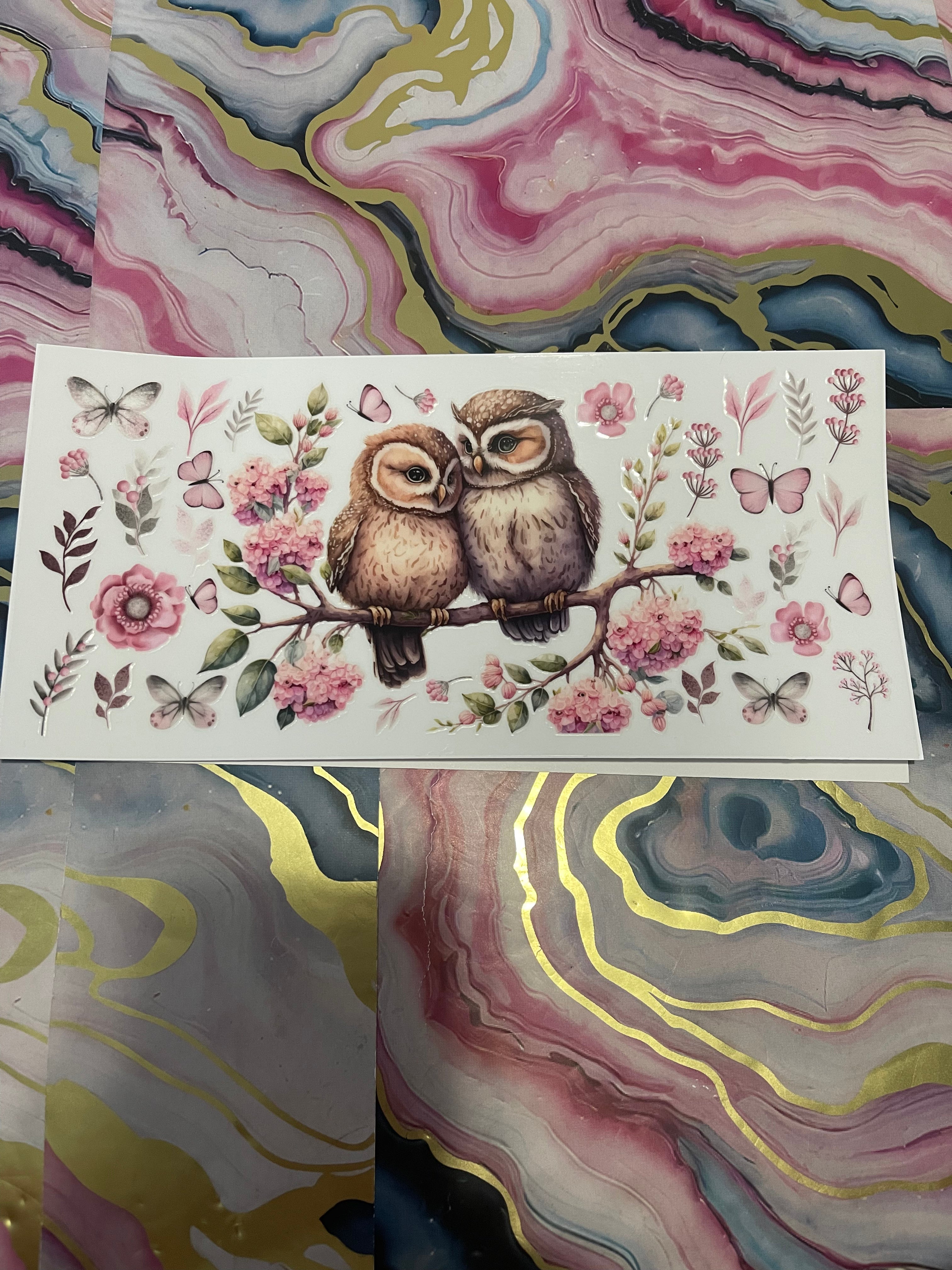 #68 Pink Butterflies Owls~~UV DTF CUP WRAP
